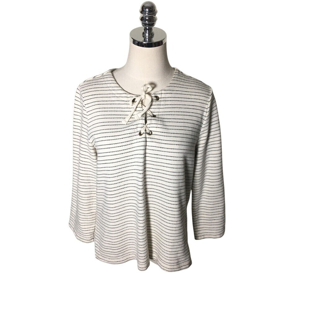 Orvis Top Women's Size Small Cotton Blend White Striped Lace Up